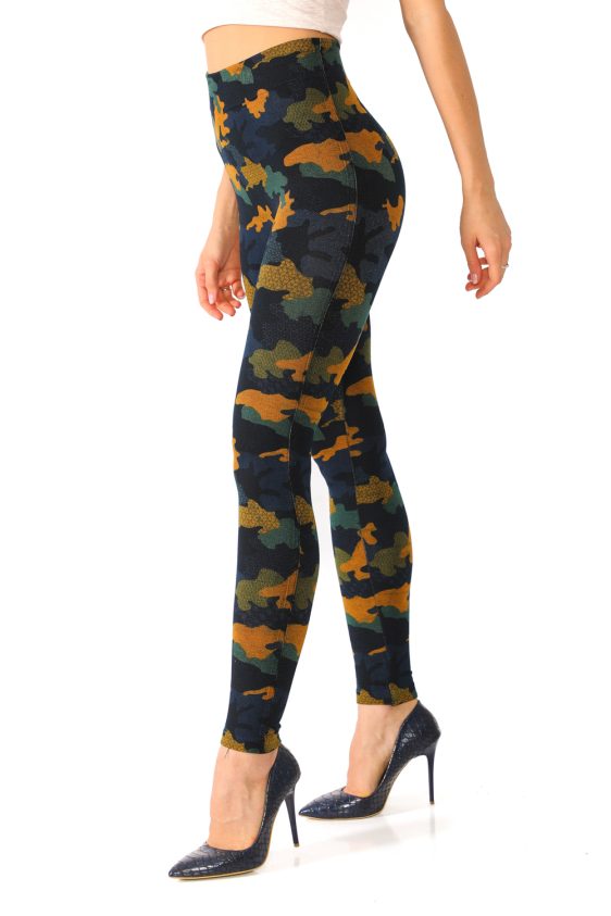 Denim Leggings with Orange and Green Camouflage Pattern - 3