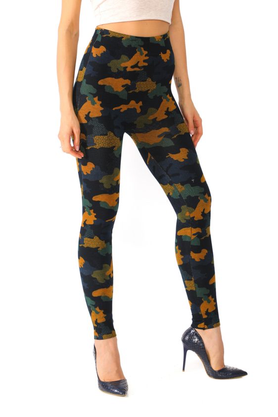 Denim Leggings with Orange and Green Camouflage Pattern - 4