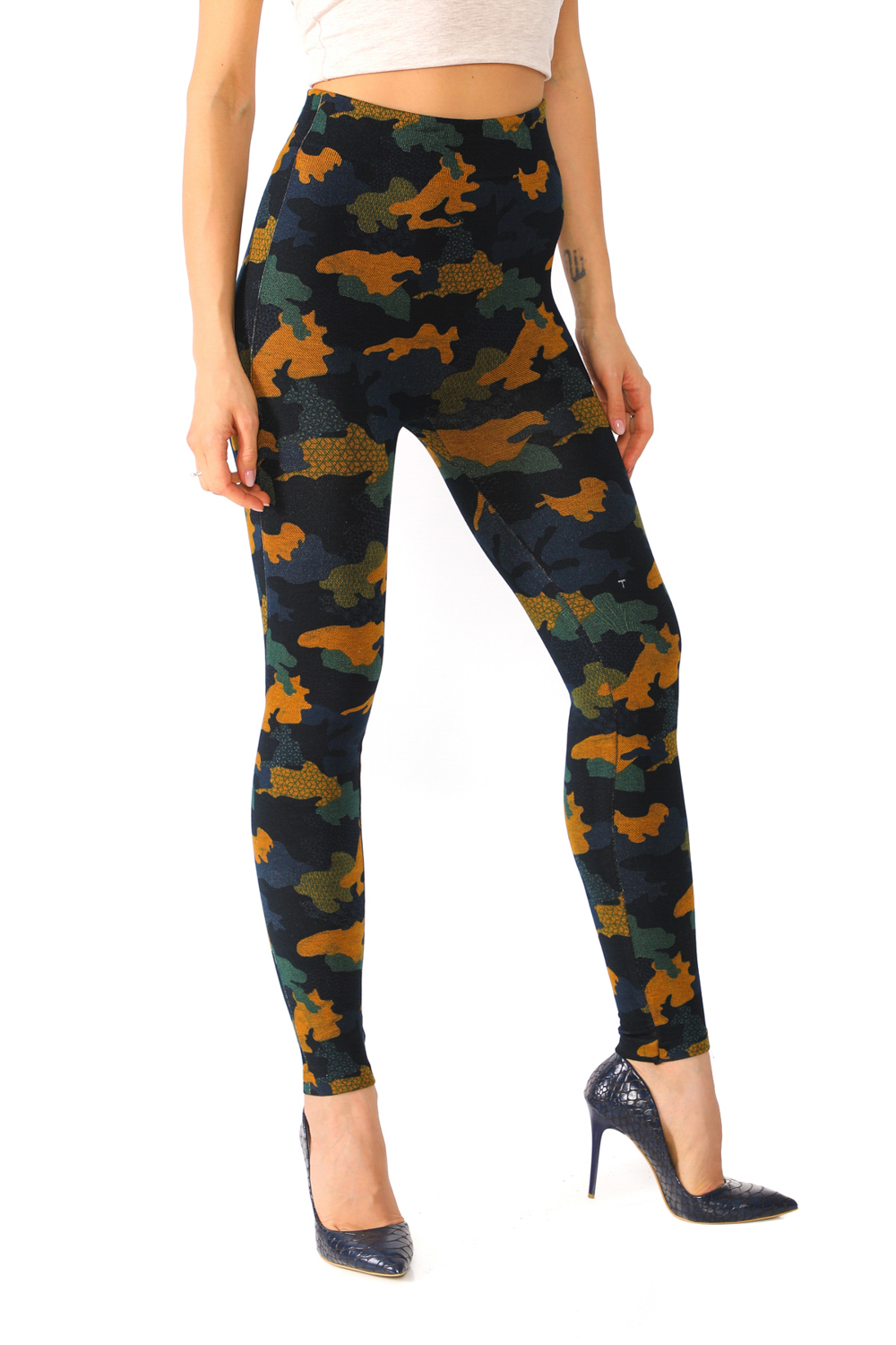 Denim Leggings with Orange and Green Camouflage Pattern - Its All Leggings