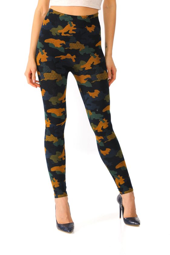 Denim Leggings with Orange and Green Camouflage Pattern - 5