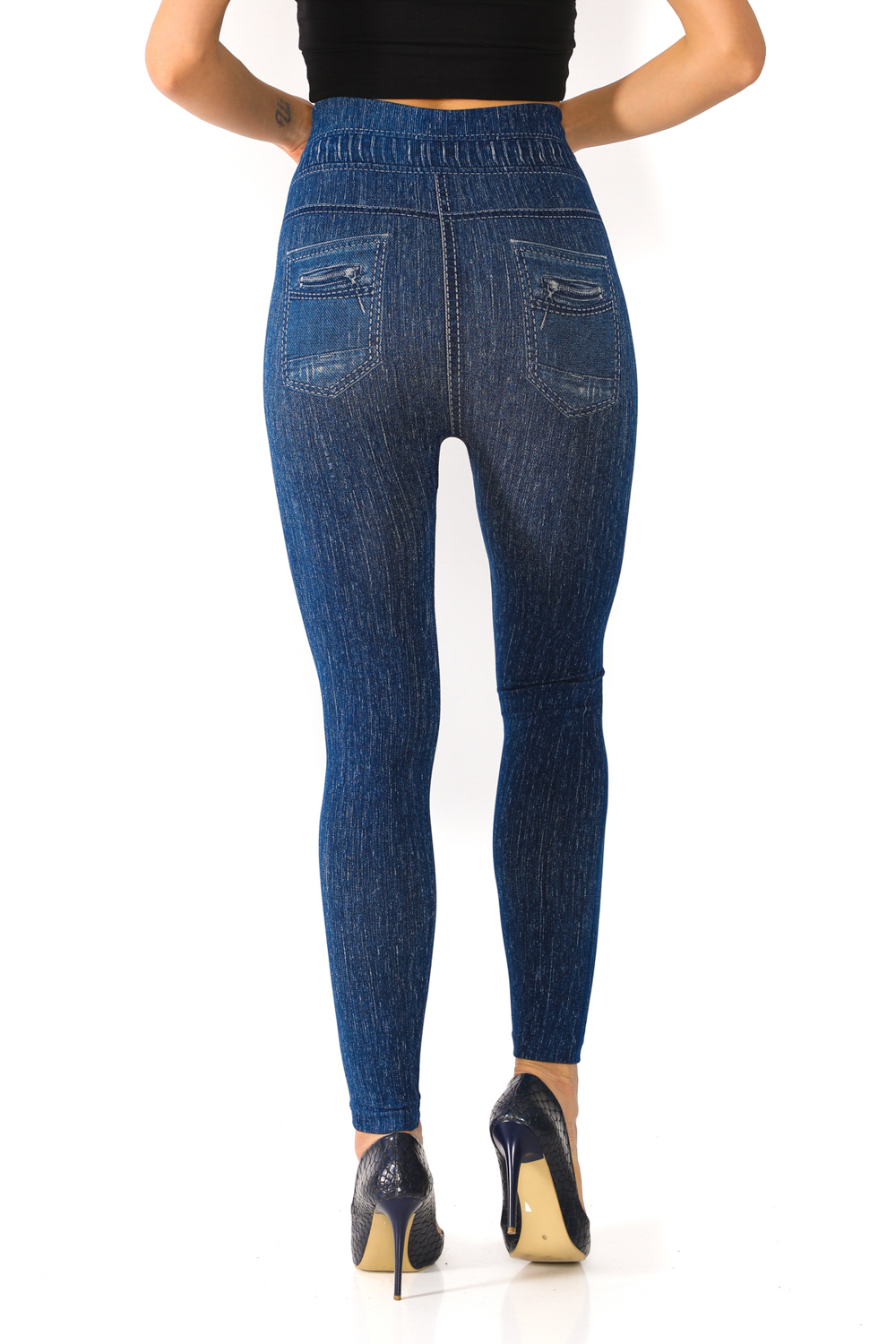 Denim Leggings with Ripped Look Tieable Drawstring - 3