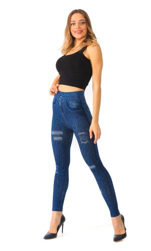 Denim Leggings with Ripped Look Tieable Drawstring
