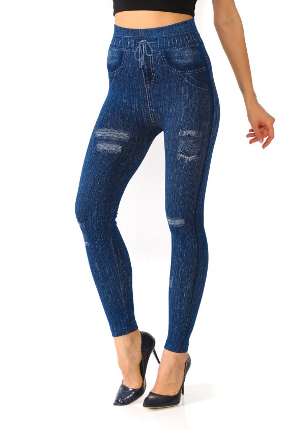 Denim Leggings with Ripped Look Tieable Drawstring - 1