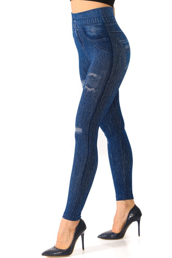 Denim Leggings with Ripped Look Tieable Drawstring - 6