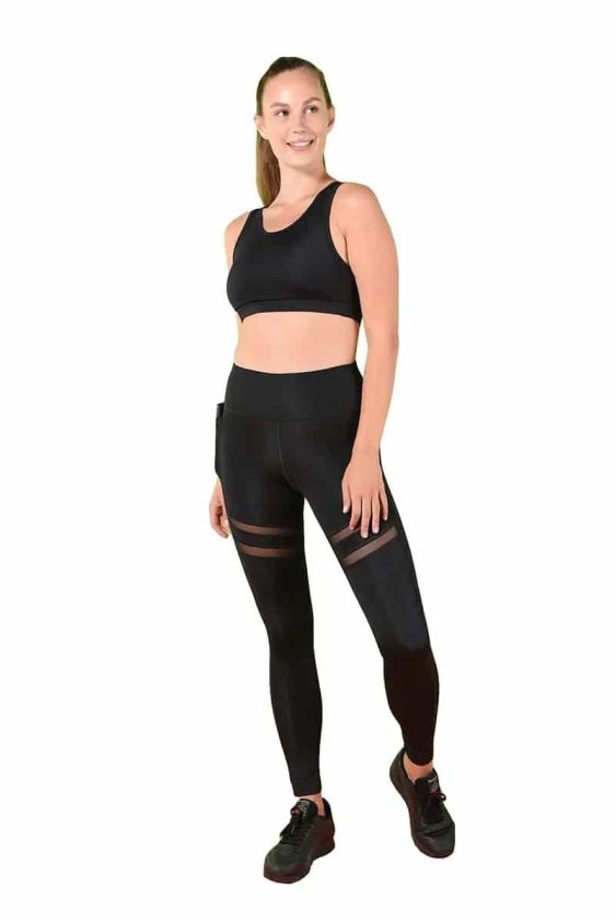 Activewear High Waisted Yoga Pants with Front Side Double Stripe Mesh Details and Side Pocket