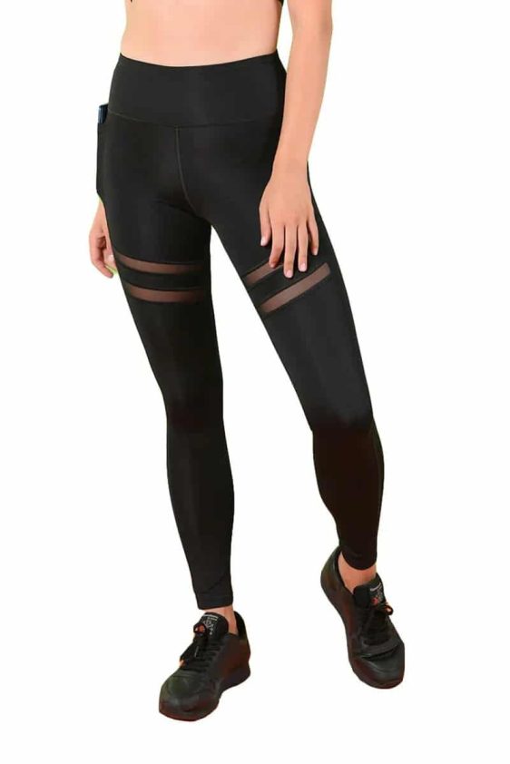 Activewear High Waisted Yoga Pants with Front Side Double Stripe Mesh Details and Side Pocket