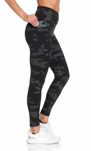 Active Wear High Waisted Yoga Pants with Reflective Dotted Camo Print and Pocket