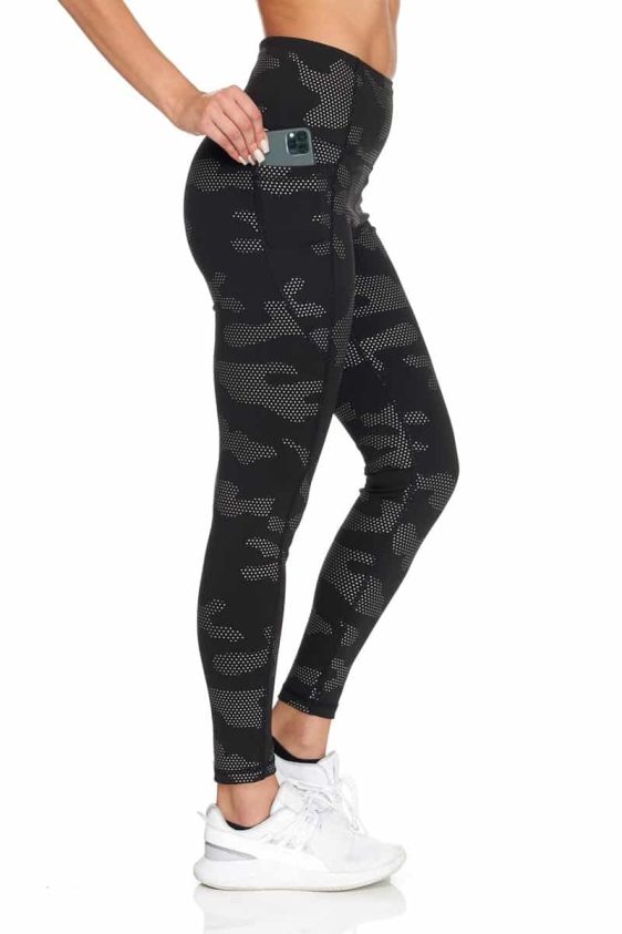 Active Wear High Waisted Yoga Pants with Reflective Dotted Camo Print and Pocket