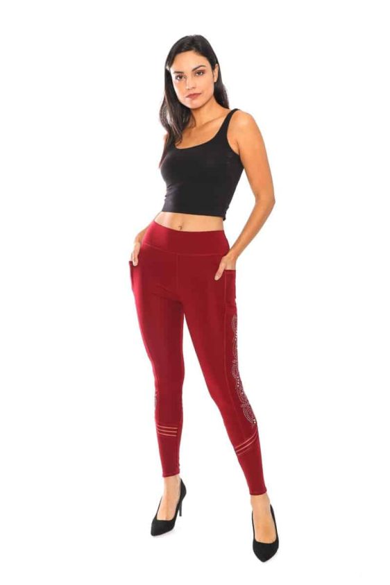 Solid Color 3 Inch High Waisted Leggings with Side Beaded Embellishments and Pockets