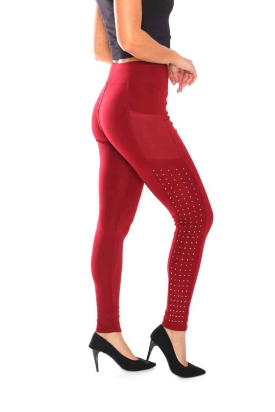 Solid Color 3 Inch High Waisted Burgundy Color Leggings with Side Dots and Mesh Pockets