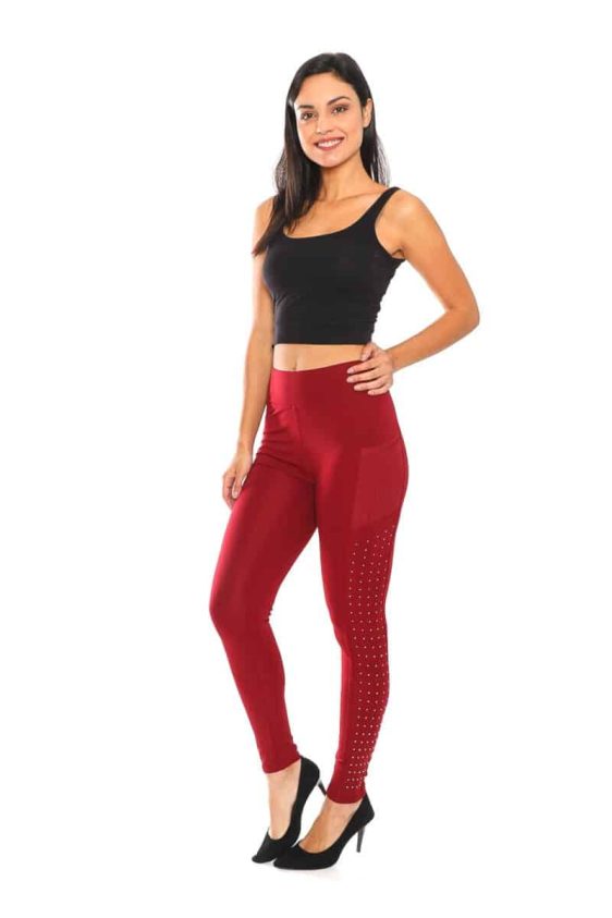 Solid Color 3 Inch High Waisted Burgundy Color Leggings with Side Dots and Mesh Pockets