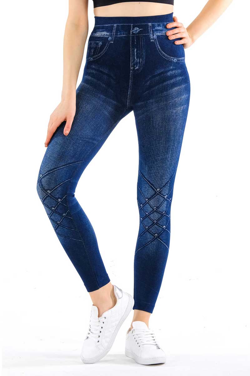 Denim Leggings with Fake Pockets and Cross Knit Pattern