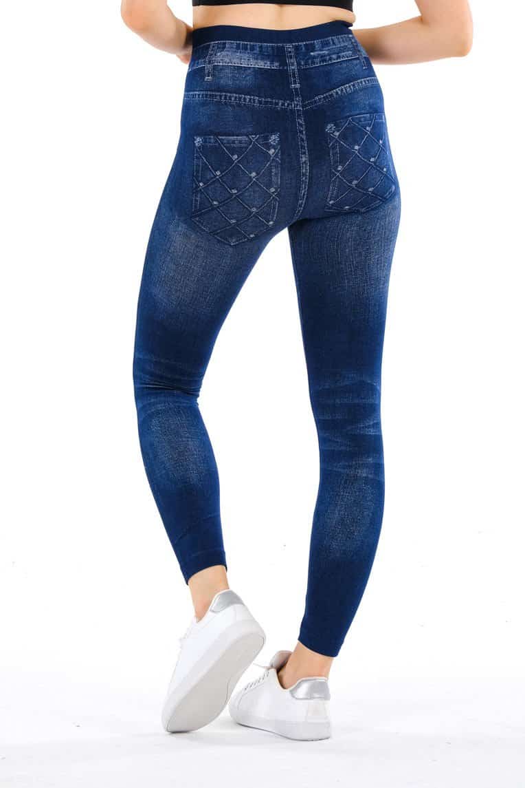 Denim Leggings with Fake Pockets and Cross Knit Pattern