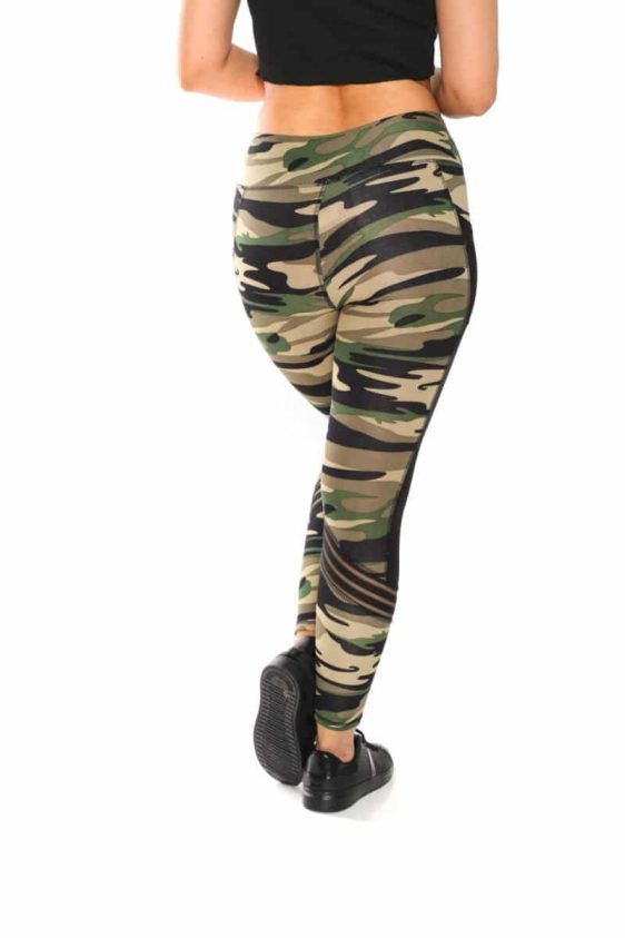 Activewear High Waisted Camo Print Yoga Pants with Black Side Stripe and Mesh Pockets