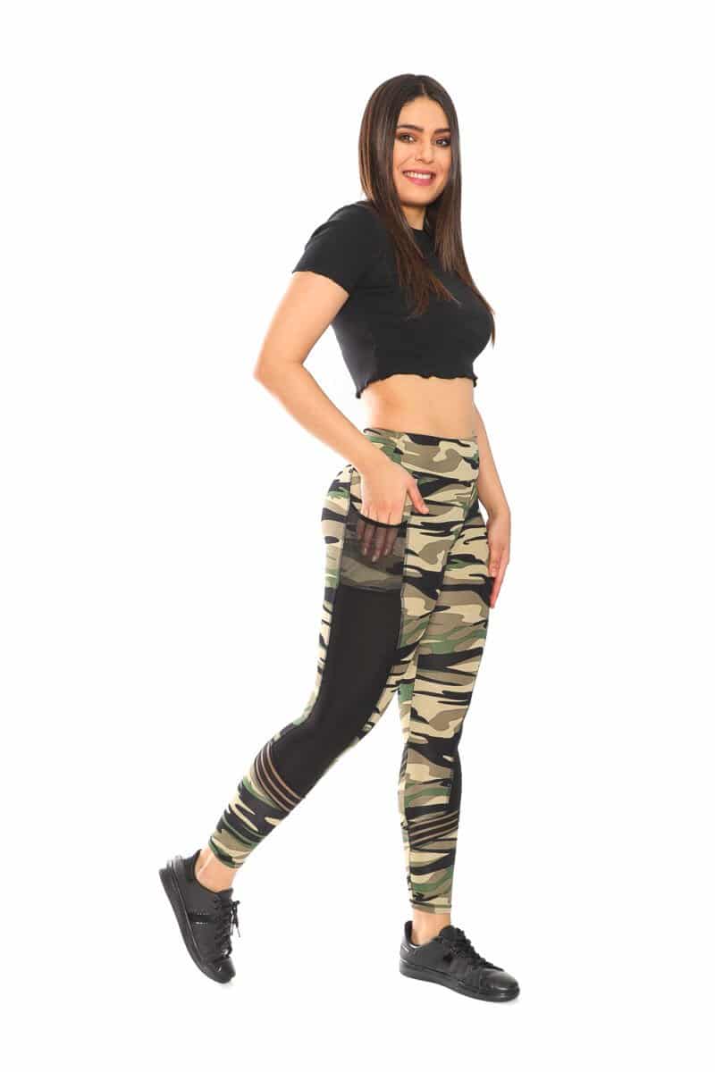 Activewear High Waisted Camo Print Yoga Pants with Black Side Stripe and Mesh Pockets