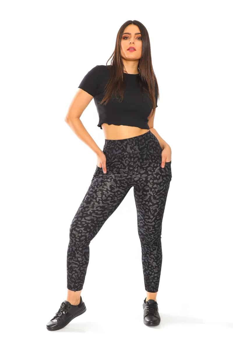 Active Wear High Waisted Black Color Leopard Print Yoga Pants with Side Pockets