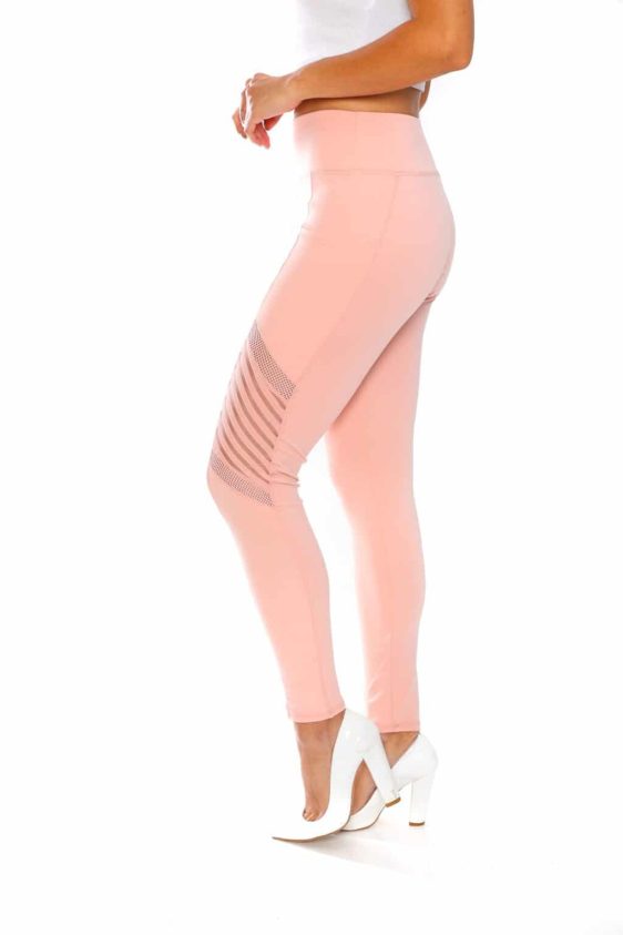 Solid Color 3 Inch High Waisted Leggings with Side Stripe Cross Mesh
