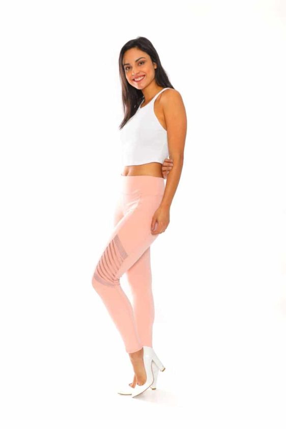 Solid Color 3 Inch High Waisted Leggings with Side Stripe Cross Mesh