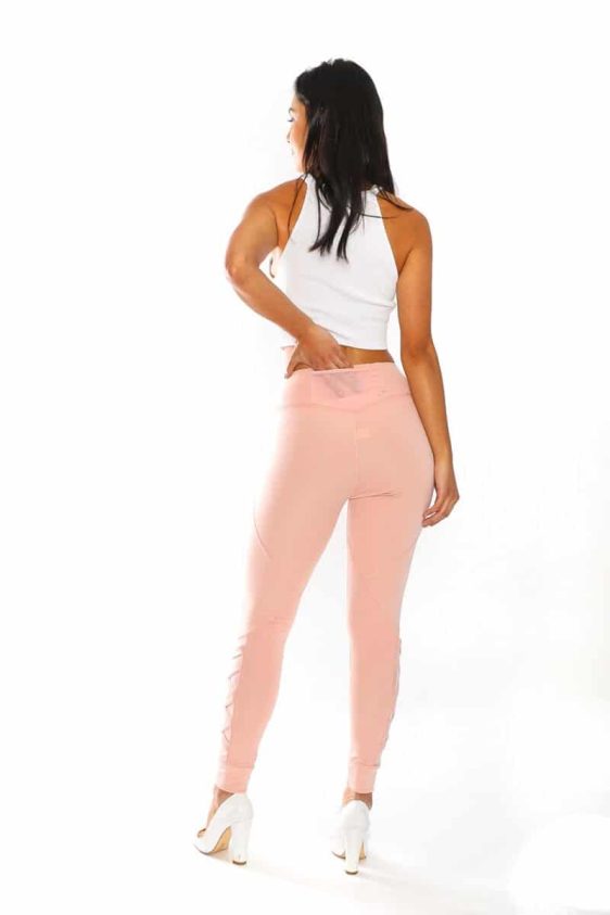 Solid Color 3 Inch High Waisted Leggings with Lower Sides Cross Knit and Mesh