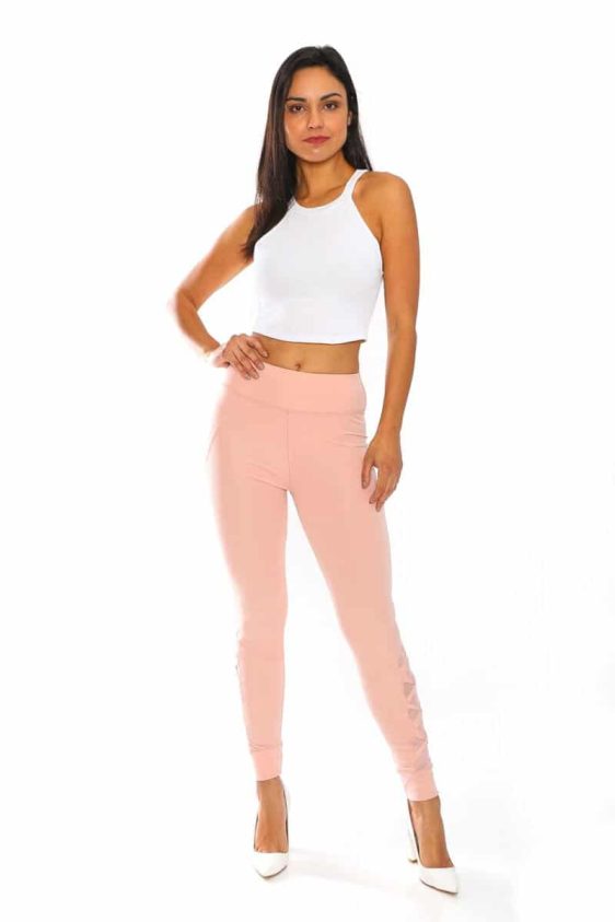 Solid Color 3 Inch High Waisted Leggings with Lower Sides Cross Knit and Mesh