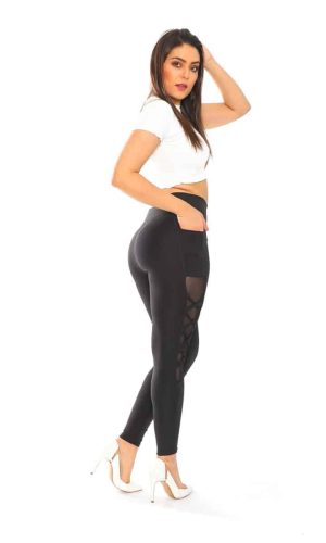 Solid Color High Waisted Black Leggings with Cross Knit Side Mesh