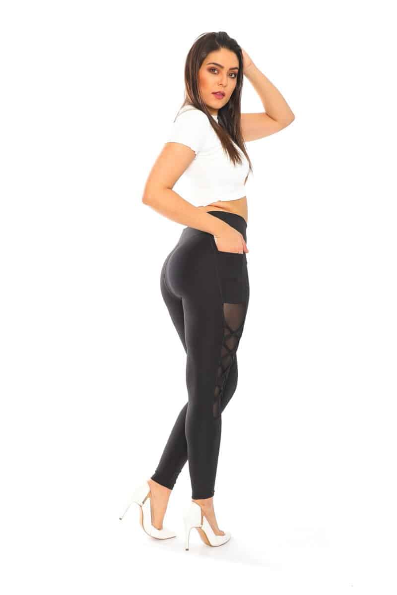 Solid Color High Waisted Black Leggings with Cross Knit Side Mesh