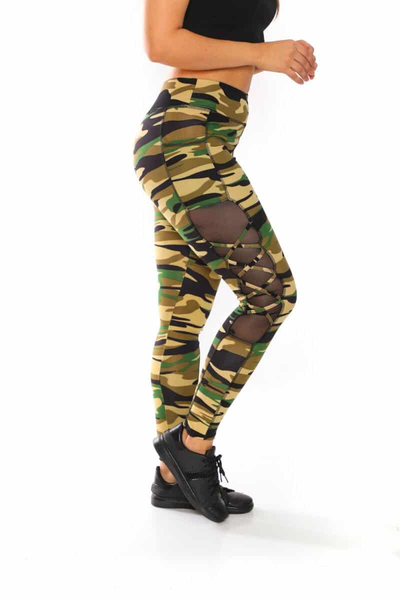 Activewear High Waisted Camo Print Yoga Pants with Cross Knit Mesh Sides and Pockets