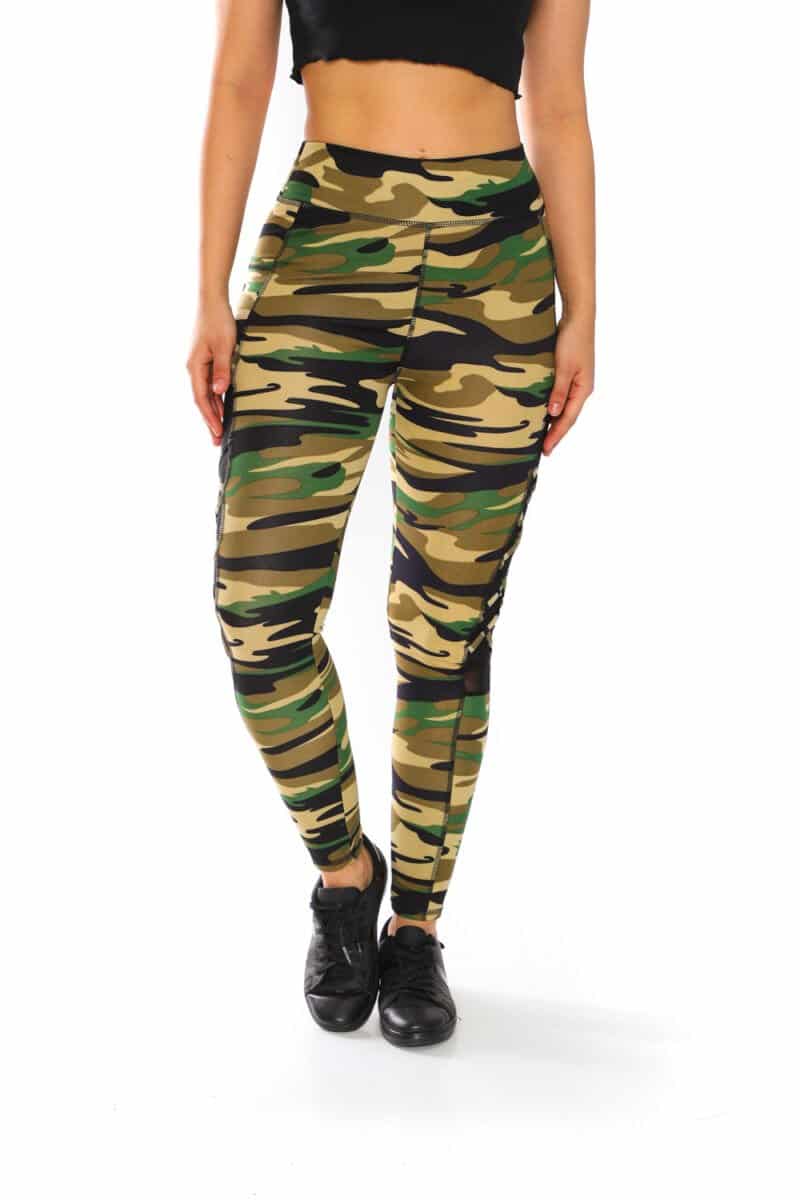 Activewear High Waisted Camo Print Yoga Pants with Cross Knit Mesh Sides and Pockets