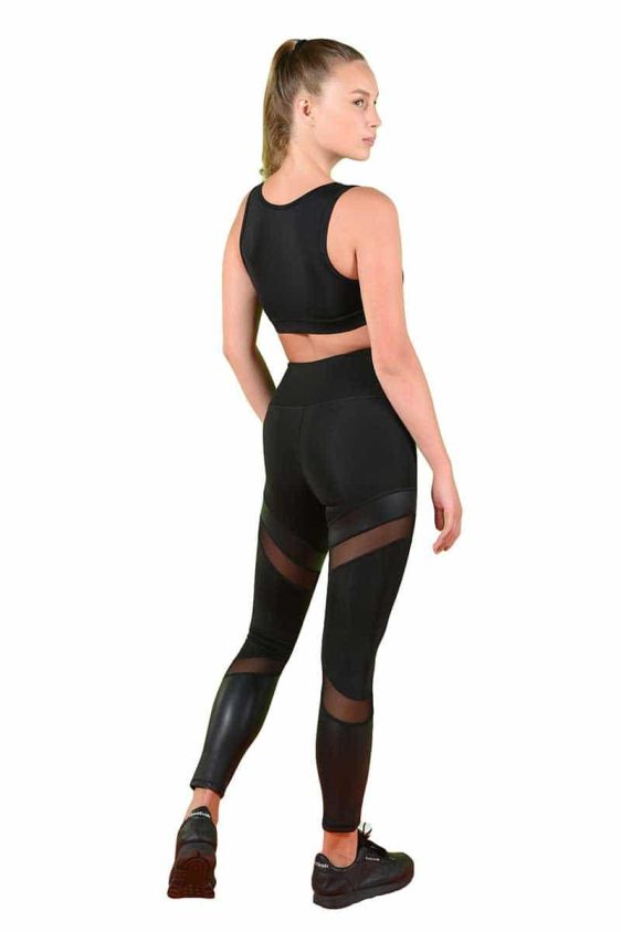 Activewear High Waisted Yoga Pants with Leather Mesh Details
