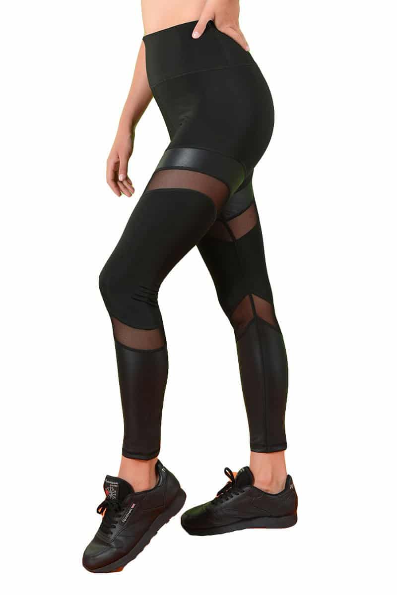Activewear High Waisted Yoga Pants with Leather Mesh Details