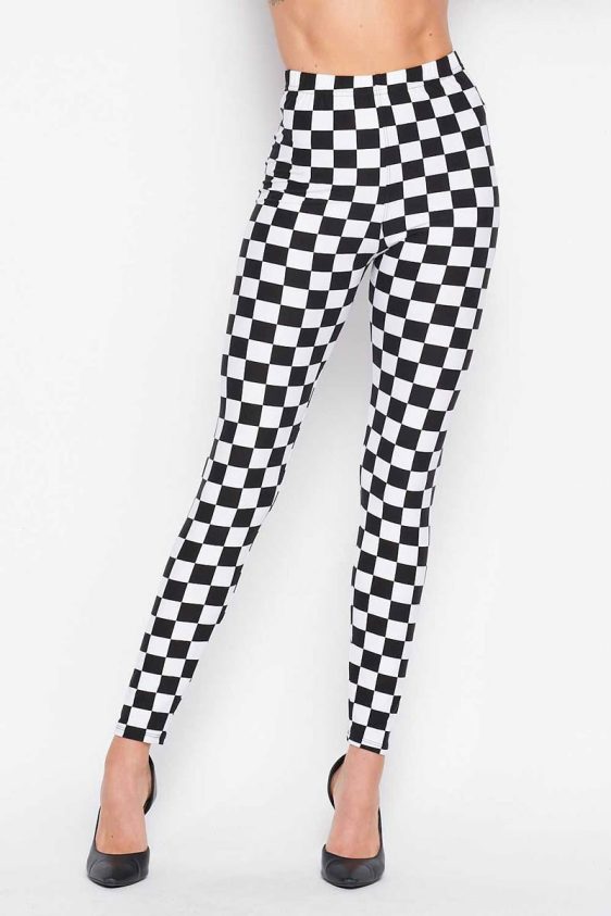 Black & White Checkered Flag Print Full-Length Leggings - 4