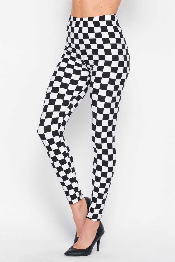 Black & White Checkered Flag Print Full-Length Leggings - 1