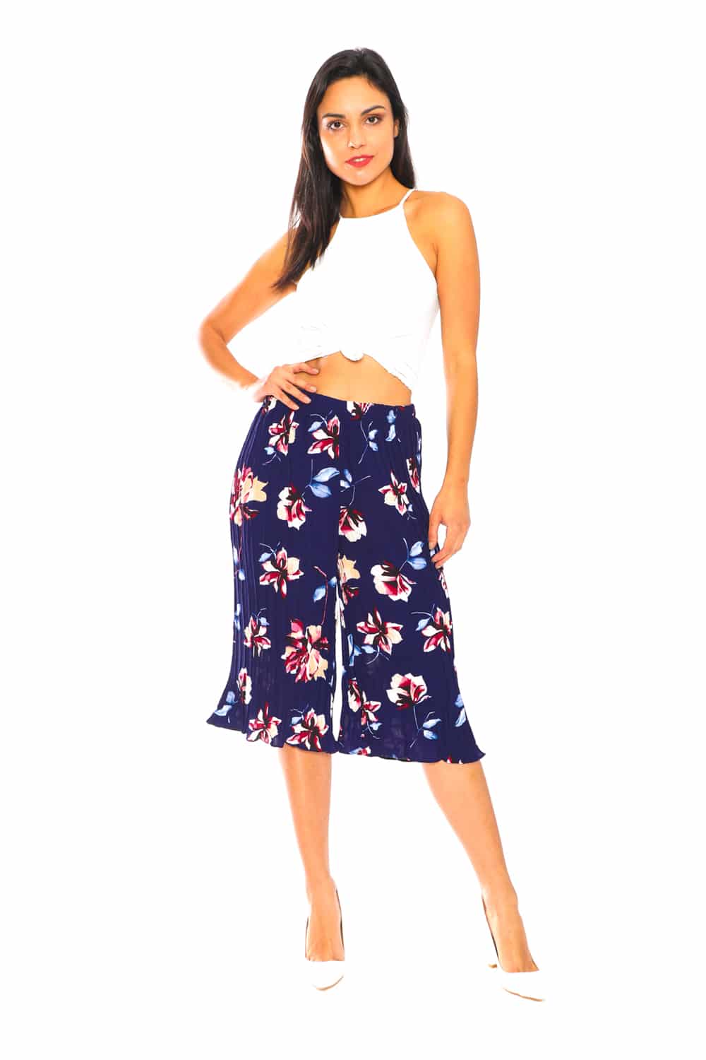 Floral Print Pants with Blue Leaves