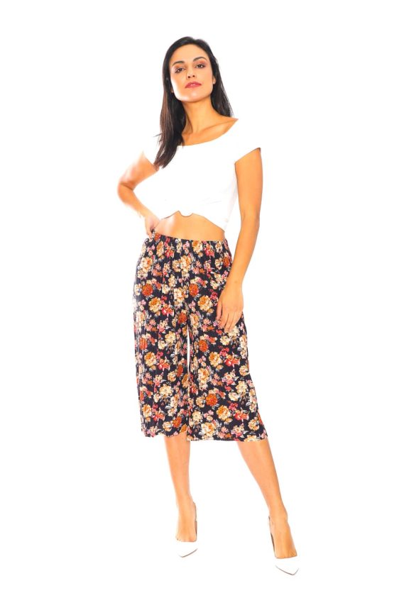 Pleated Culotte Pants with Elastic Waistband