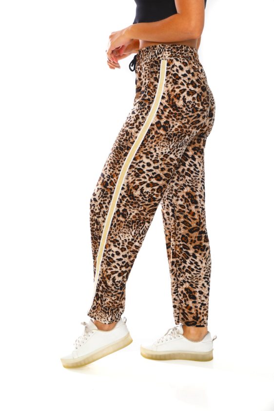 Women's Side Tape Leopard Design Wide Pants-19s - 4