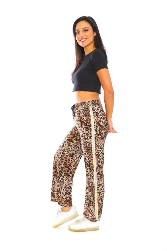 Women's Side Tape Leopard Design Wide Pants