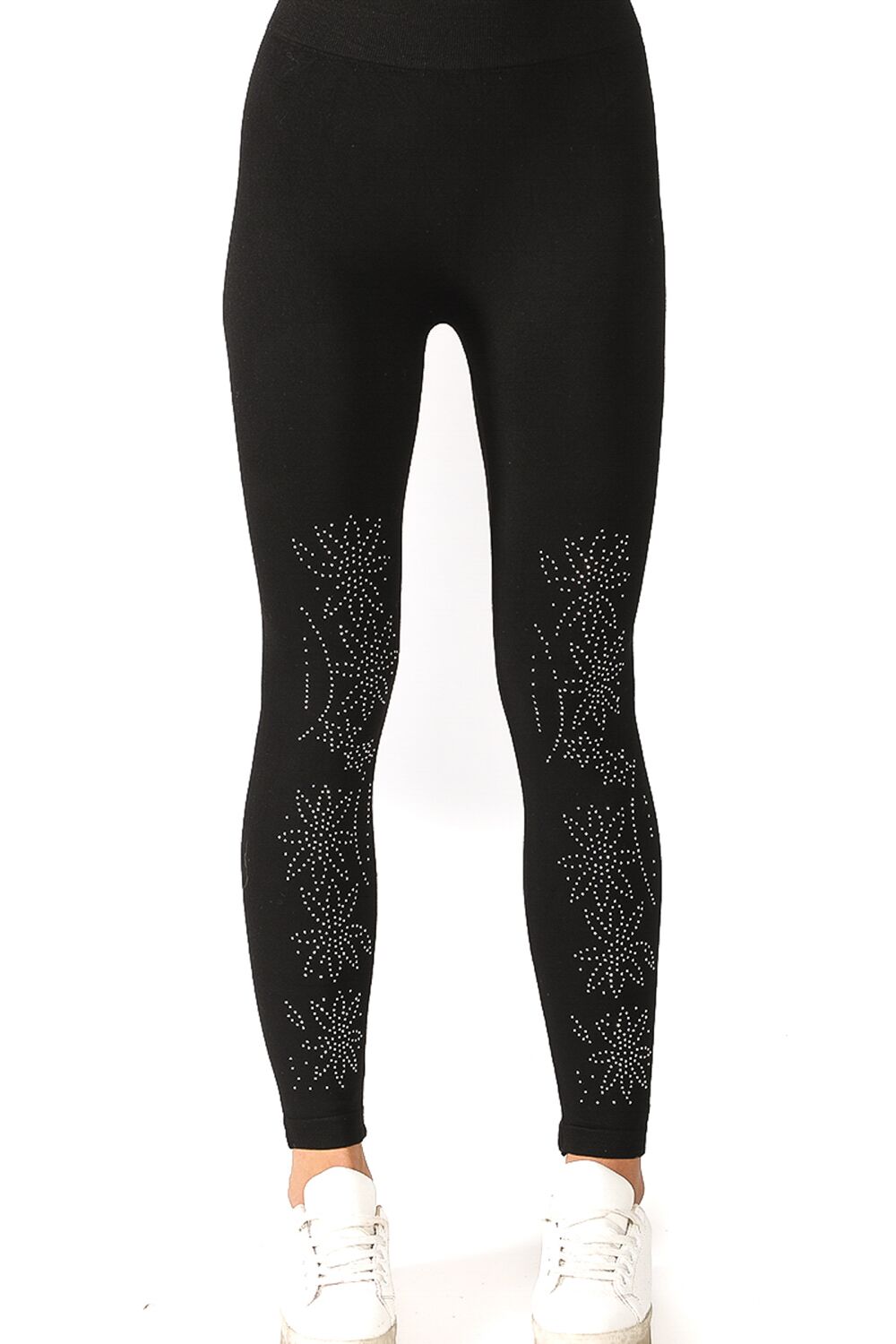 Denim Black Leggings with Embellished Lace Floral Design