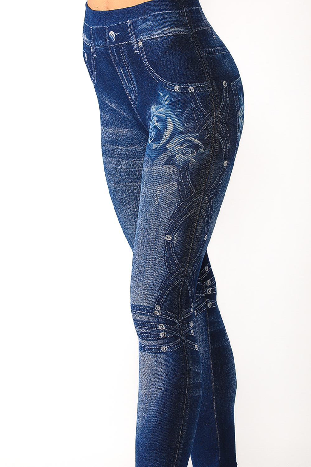 Denim Leggings with Floral Pattern On Pocket Side - 7