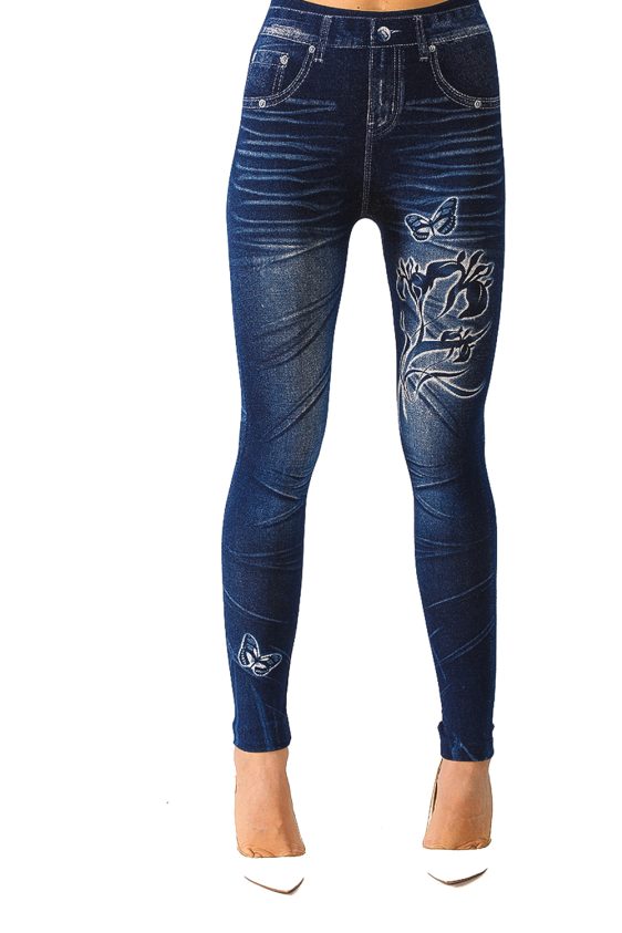 Denim Leggings with Butterfly and Floral Pattern - 4