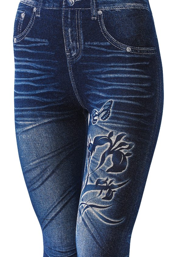 Denim Leggings with Butterfly and Floral Pattern - 7