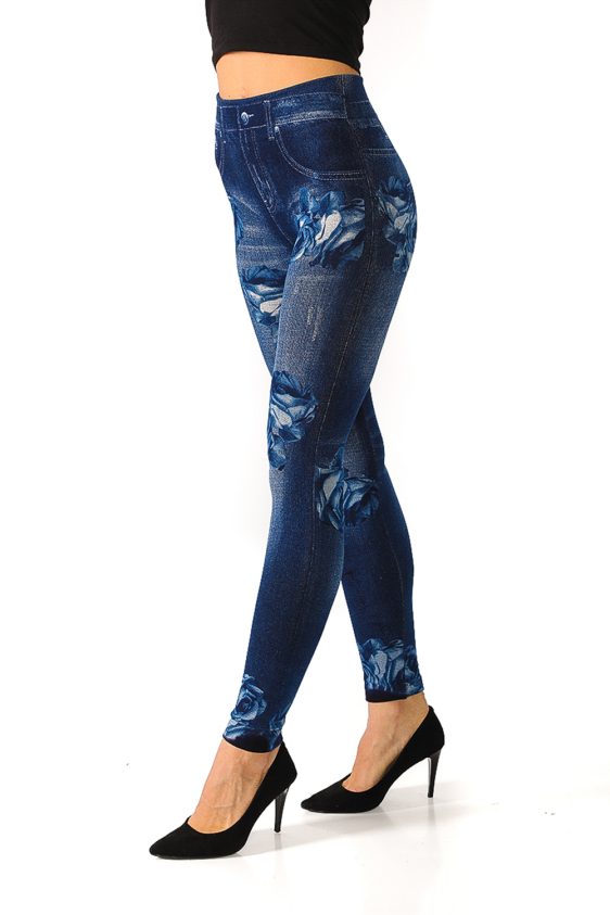 Denim Leggings with Multiple Large Blue Rose Pattern - 5