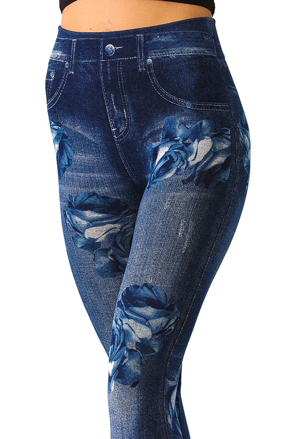 Denim Leggings with Multiple Large Blue Rose Pattern - 7