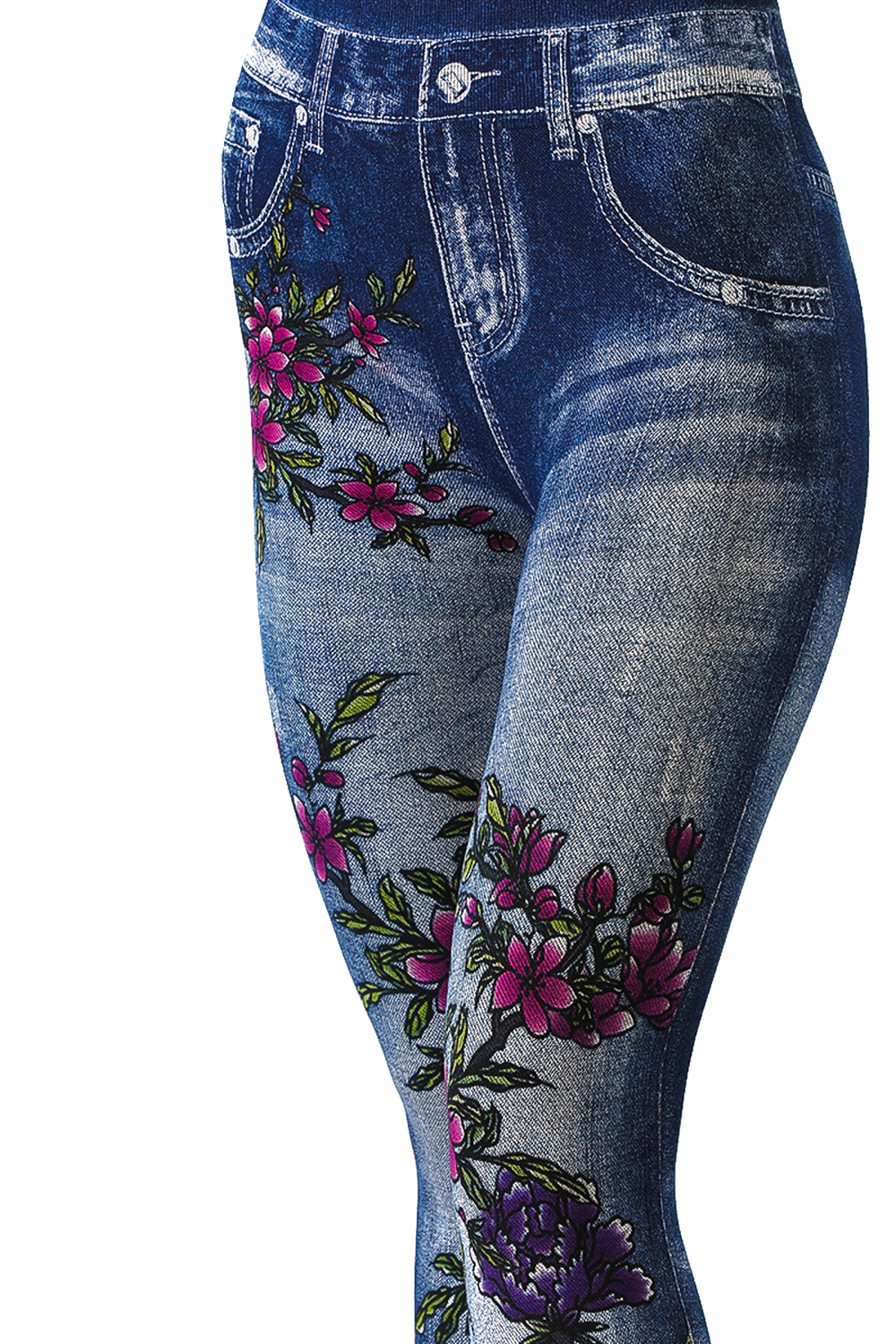 Denim Leggings with Allover Pink Floral Pattern - 7
