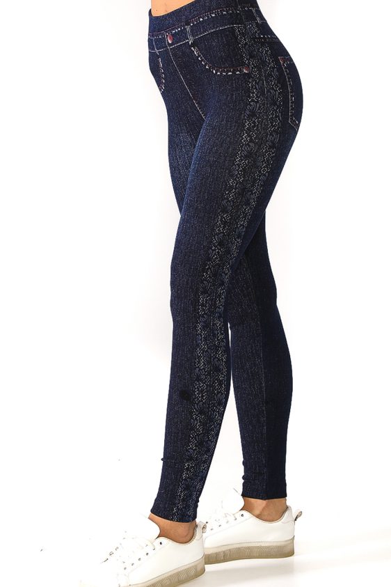 Denim Leggings with Striped Floral Pattern on Sides - 4
