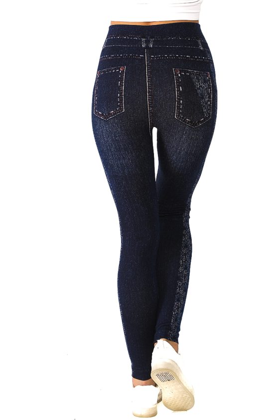 Denim Leggings with Striped Floral Pattern on Sides - 5