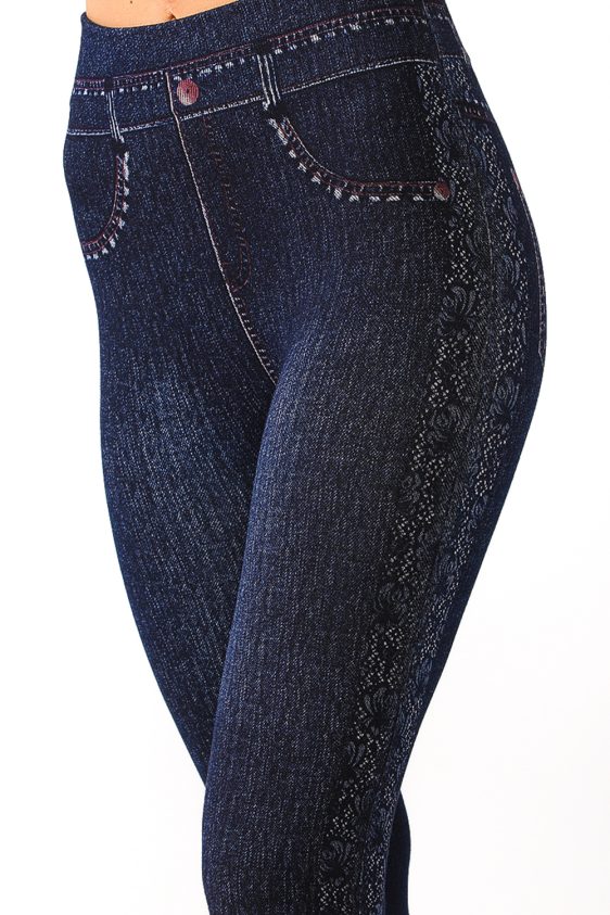 Denim Leggings with Striped Floral Pattern on Sides - 6