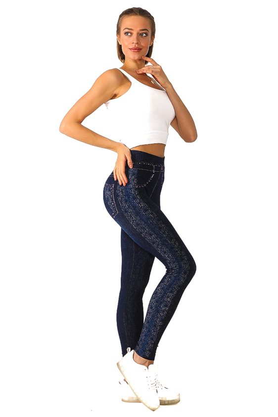 Denim Leggings with Striped Floral Pattern on Sides