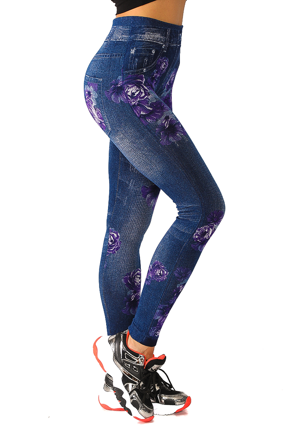 Denim Leggings with Allover Purple Floral Pattern - 4