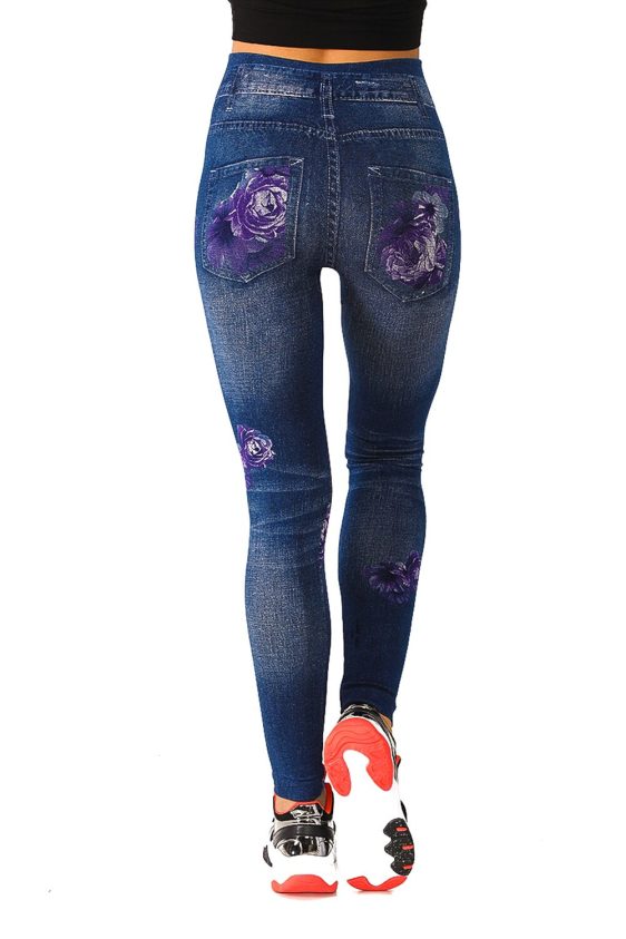 Denim Leggings with Allover Purple Floral Pattern - 5