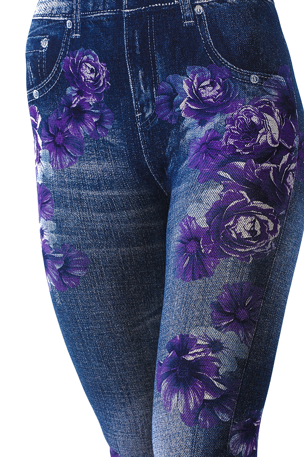 Denim Leggings with Allover Purple Floral Pattern - 6